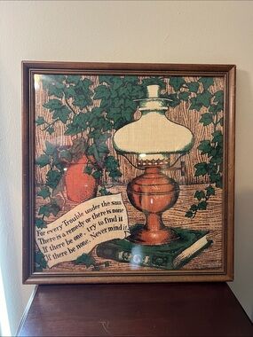 Vintage MCM Oil Lamp Book Green Ivy Brown Tapestry Framed Wall Art